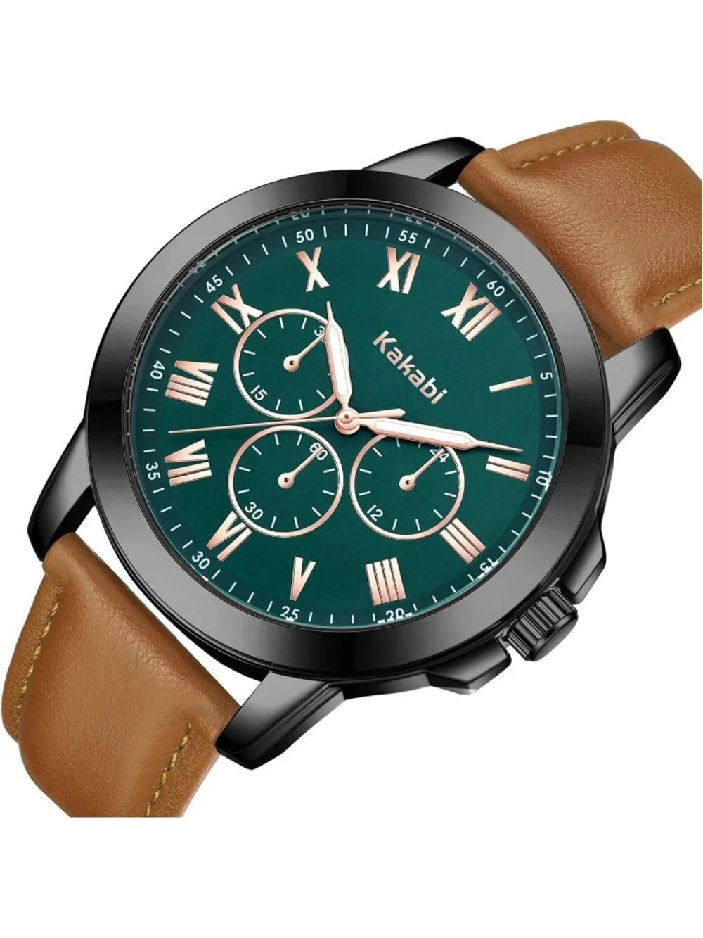 Men's Brown Green Analog Quartz Leather Classic Roman Numeral Waterproof Watch